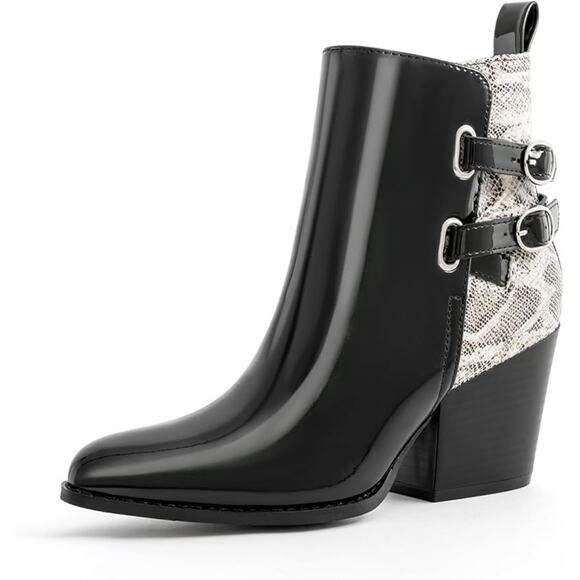 NEWomens Pointed Toe Ankle Boots Two Buckle Straps Fashion Dating Dress 3 Inch - Picture 1 of 4